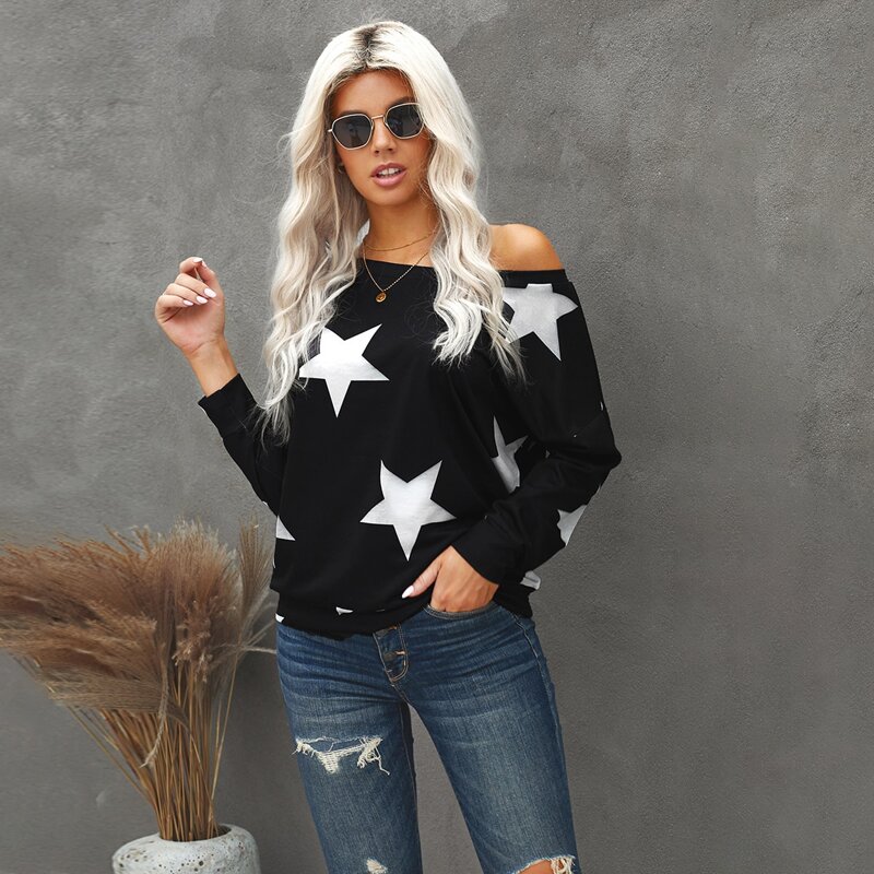 

Star Print Asymmetrical Neck Sweatshirt, Black