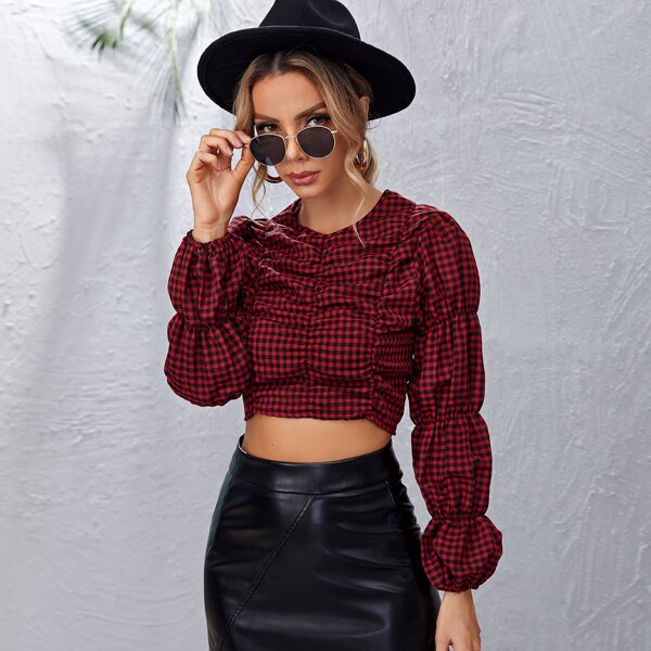 

Buffalo Plaid Gathered Sleeve Crop Top, Multicolor