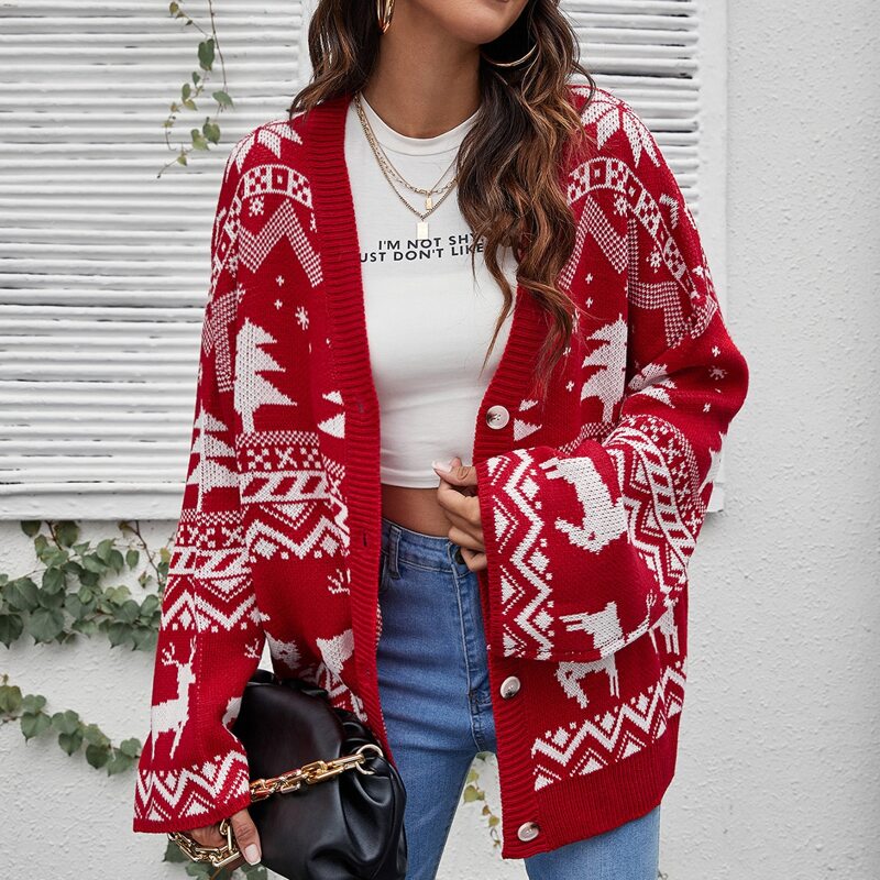

Drop Shoulder Christmas Pattern Cardigan, Red and white