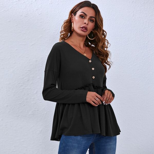 

Button Front Frill Ruffle Hem Waffle Knit Tee, Black