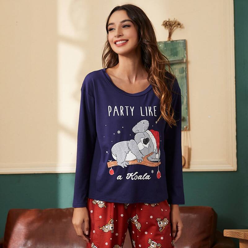 

Slogan & Cartoon Graphic PJ Set, Multicolor