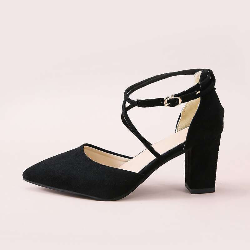 

Point Toe Ankle Strap High Heeled Pumps, Black