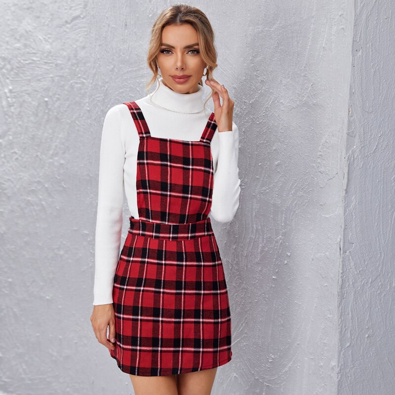 

Plaid Pattern Pinafore Dress, Red