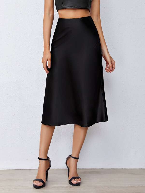 Solid Satin Midi Skirt | SHEIN Singapore