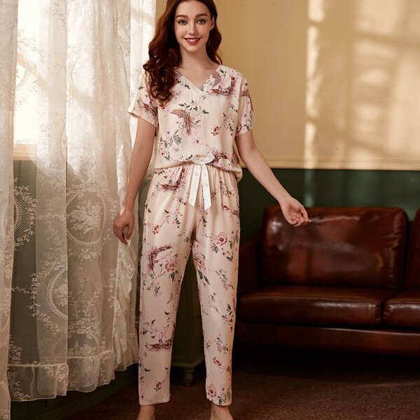 

Floral Print Tie Front PJ Set, Apricot
