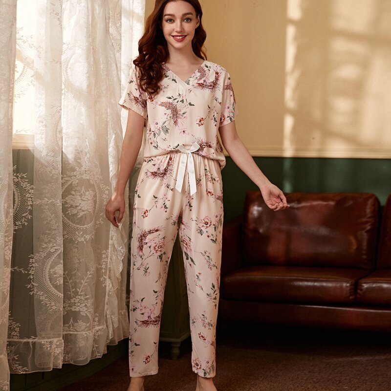 

Floral Print Tie Front PJ Set, Apricot