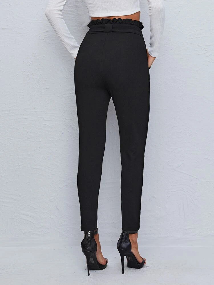 Paperbag Waist Dual Pocket Belted Skinny Pants,Ladies Spring/Fall Casual Belted,Paperbag Waist,Pocket High Waist Skinny Cropped Black Skinny Women Pants,Casual Daily Wear