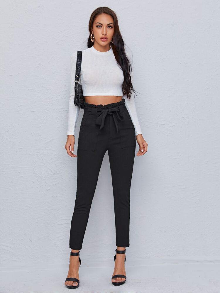 Paperbag Waist Dual Pocket Belted Skinny Pants,Ladies Spring/Fall Casual Belted,Paperbag Waist,Pocket High Waist Skinny Cropped Black Skinny Women Pants,Casual Daily Wear