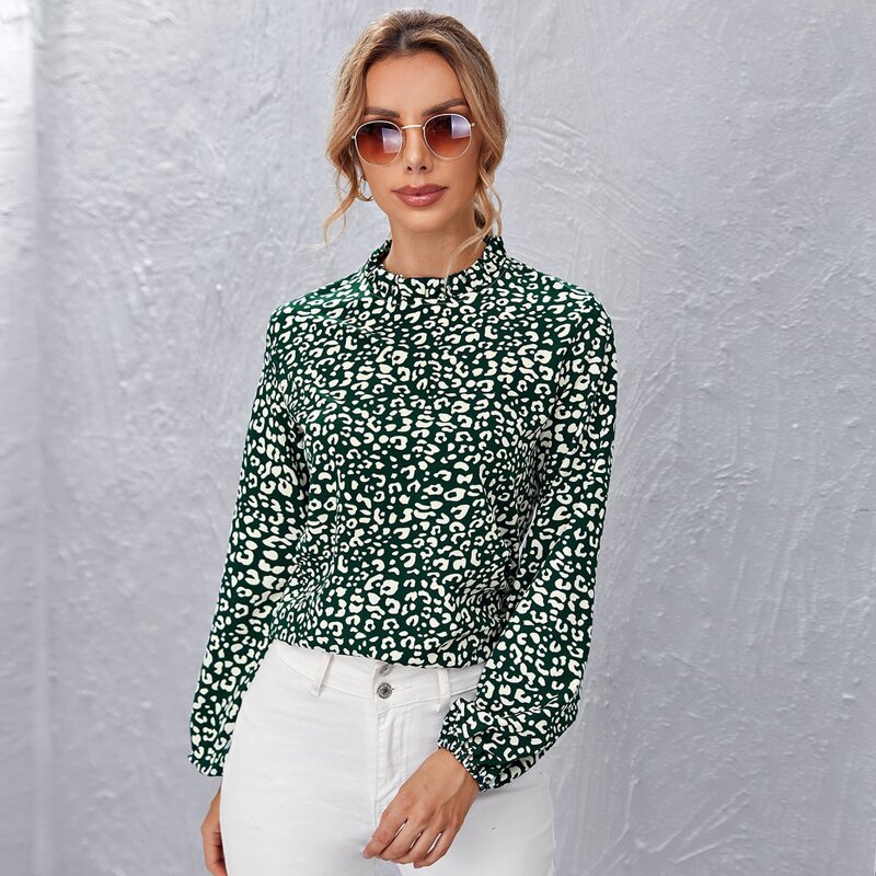 

Ruffle Neck Lantern Sleeve Leopard Top, Dark green