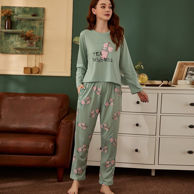 

Letter And Bow Print PJ Set, Green