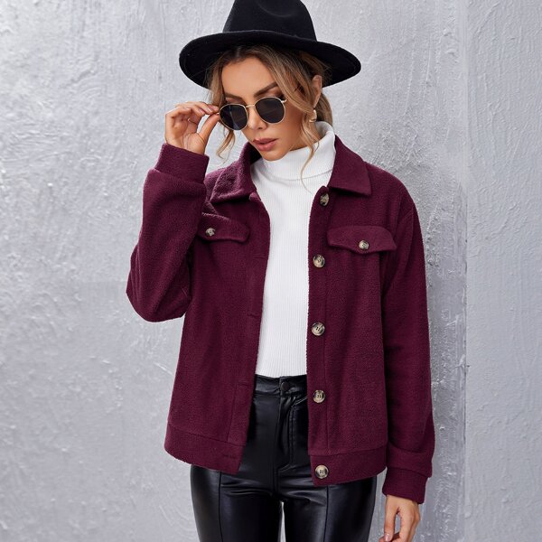 

Drop Shoulder Buttoned Teddy Jacket, Maroon