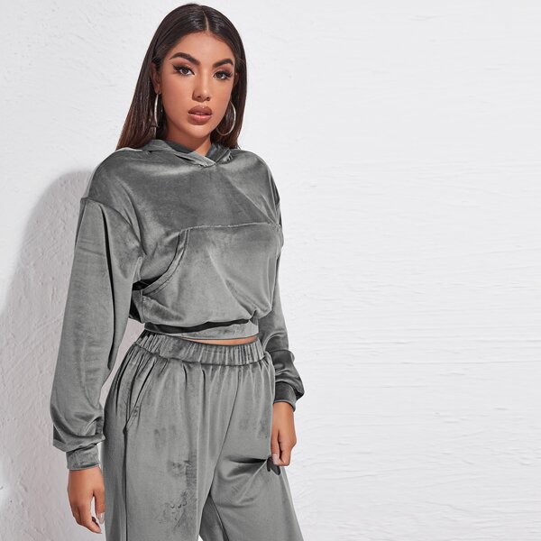 

Drop Shoulder Kangaroo Pocket Hoodie, Grey
