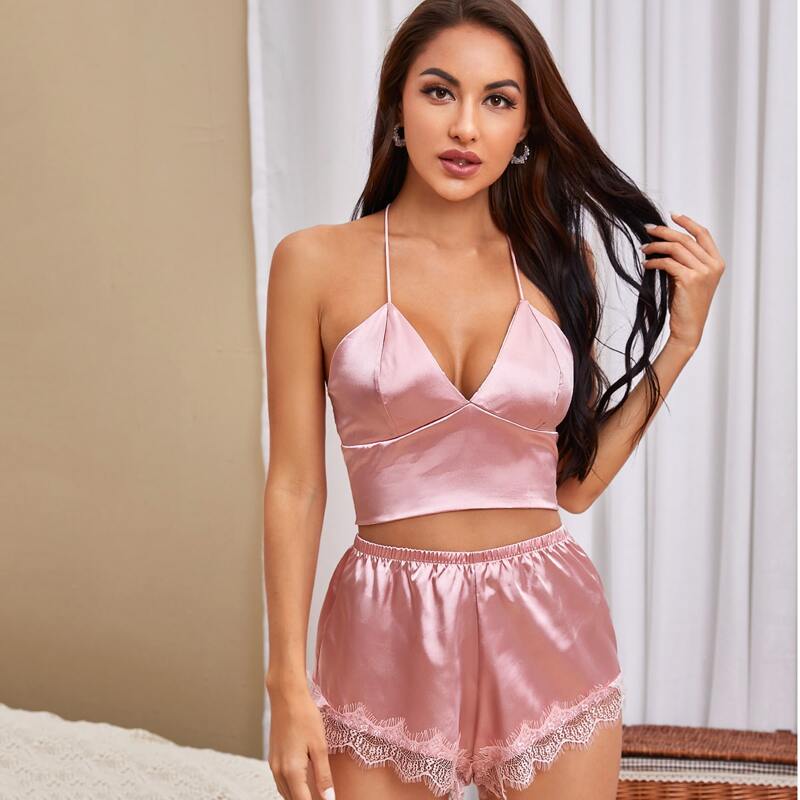 

Contrast Lace Lattice Back Cami PJ Set, Baby pink