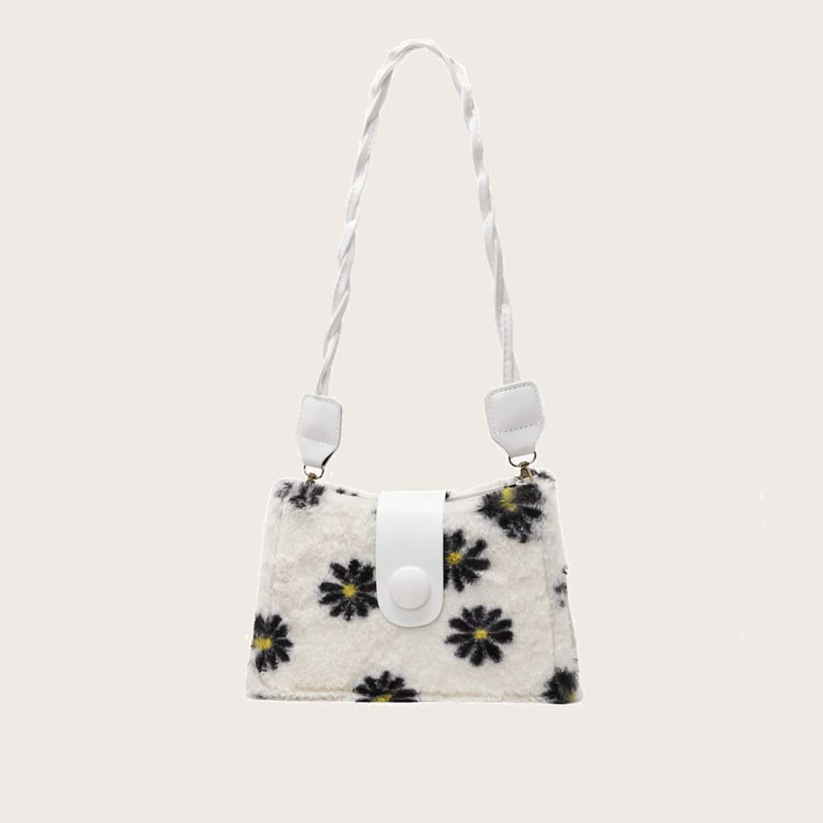 

Floral Fluffy Baguette Bag, Black and white