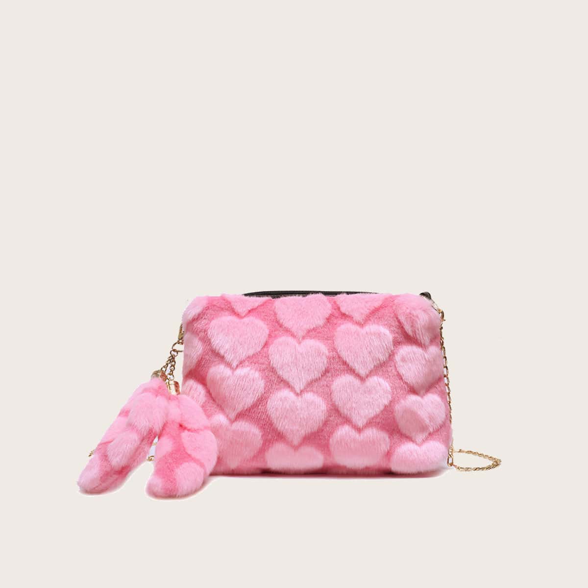 

Heart Fluffy Chain Crossbody Bag, Pink