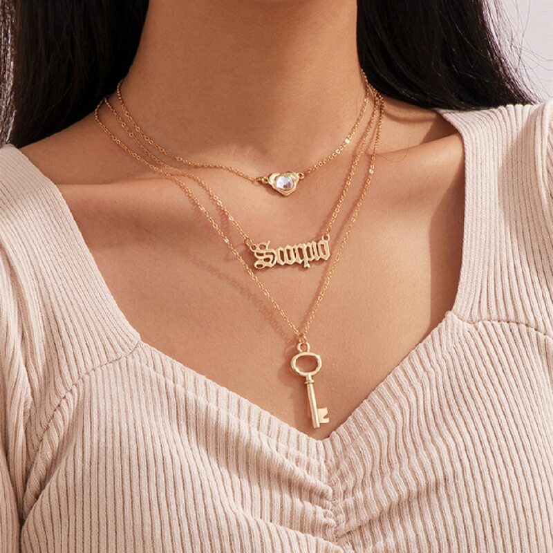 

3pcs Key & Letter Layered Necklace, Gold