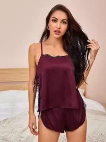 SilkySpell Women's Sexy Burgundy Satin Spaghetti Strap Short Pajama Set With Contrast Lace Detail - Burgundy - View 3