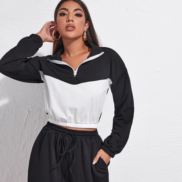

Half Zip Drop Shoulder Colorblock Crop Sweatshirt, Black and white