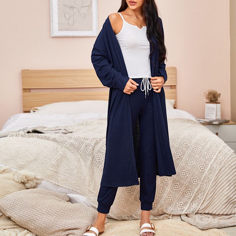 

3 Pack Rib-knit Tie Front Robe Set, Blue and white
