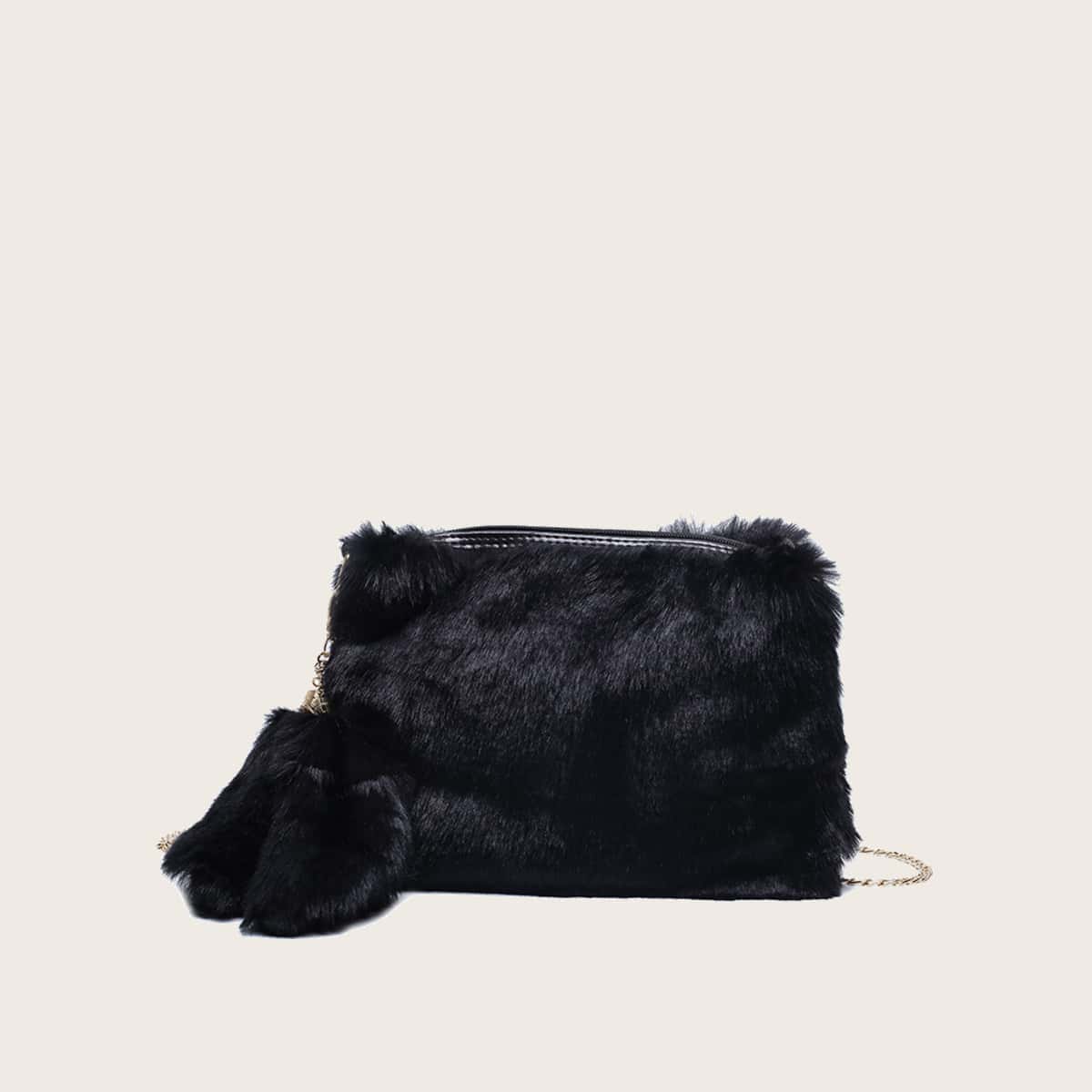 

Solid Fluffy Chain Crossbody Bag, Black