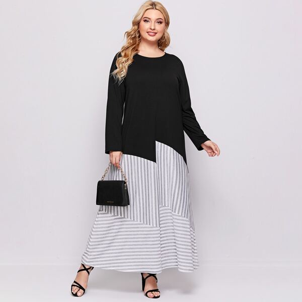 

Plus Colorblock Striped Maxi Dress, Black and white