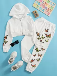 SHEIN Girls Zipper Front Butterfly Print Sweatshirt & Joggers Set - White - View 1