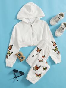 SHEIN Girls Zipper Front Butterfly Print Sweatshirt & Joggers Set - White - View 5