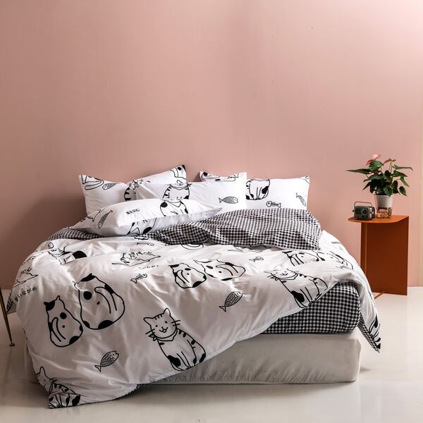 

Cartoon Cat Print Bedding Set Without Filler, Black and white