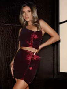 SHEIN One Shoulder Ruffle Trim Crop Top & Skirt Set - Maroon - View 1