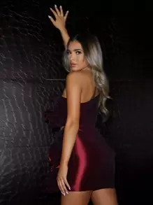 SHEIN One Shoulder Ruffle Trim Crop Top & Skirt Set - Maroon - View 2