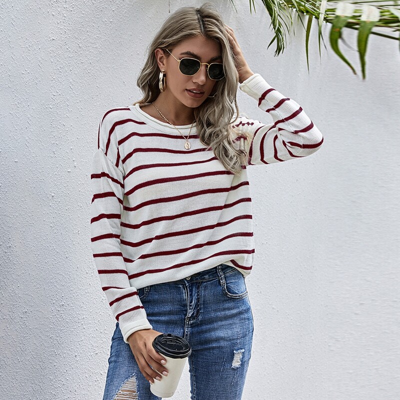 

Striped Drop Shoulder Sweater, White