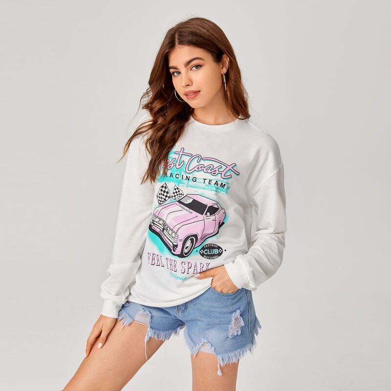 

Car & Letter Graphic Sweatshirt, White
