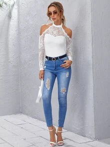 Cold Shoulder Lace Yoke Top - White - View 3