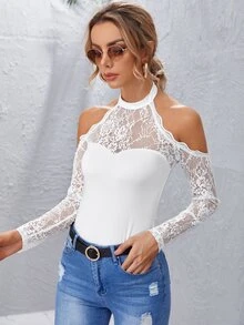 Cold Shoulder Lace Yoke Top - White - View 5