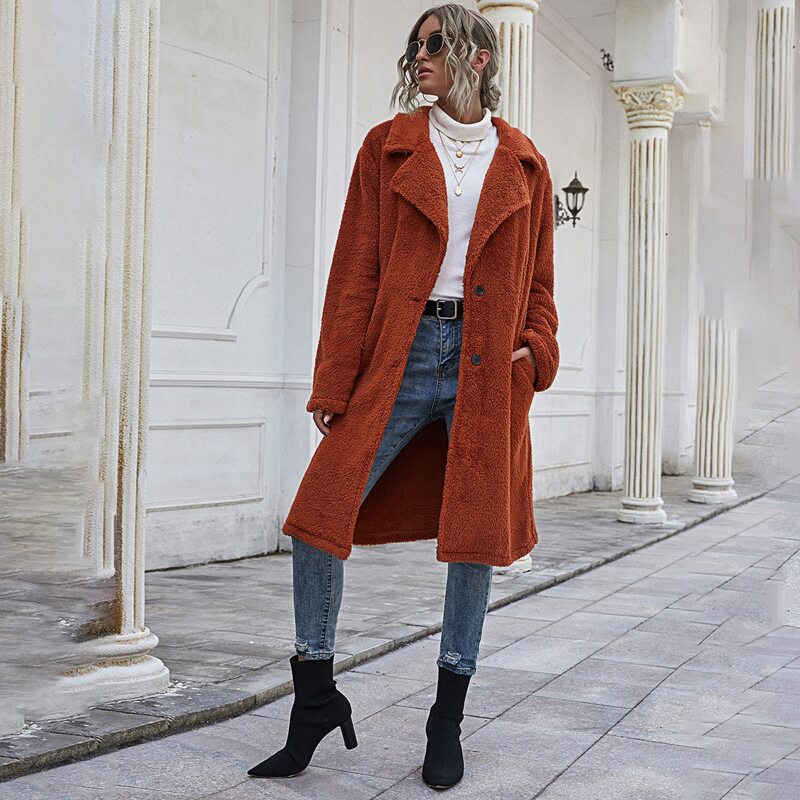 

Single Breasted Lapel Collar Drop Shoulder Teddy Coat, Burnt orange
