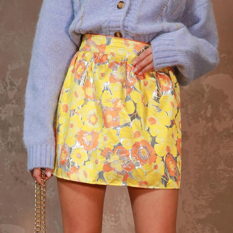 

Wide Waistband Floral Jacquard Skirt, Multicolor