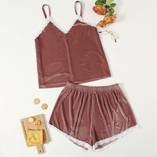 

Plus Lace Panel Velvet Cami Pajama Set, Dusty pink