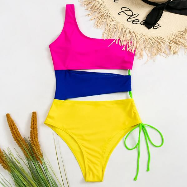 

Color Block Cut-out One Piece Swimsuit, Multicolor
