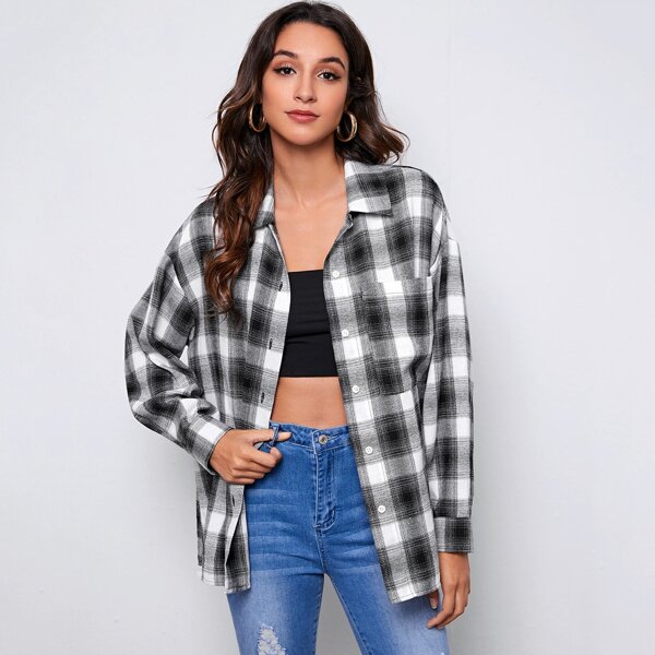 

Single Breasted Patch Pocket Plaid Blouse, Black and white