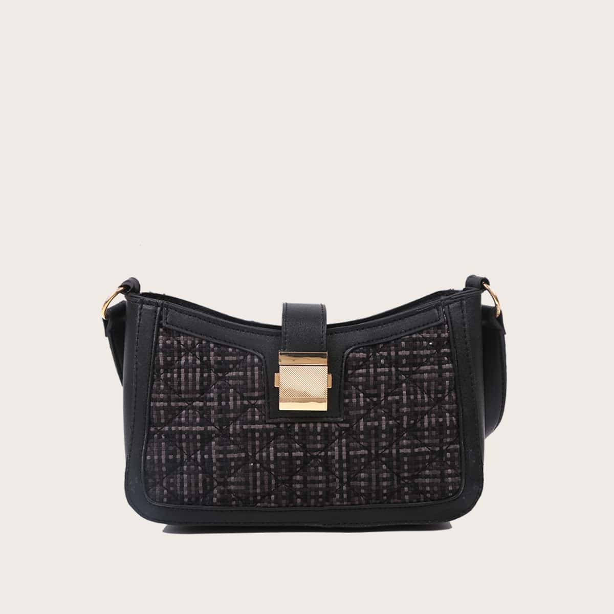

Quilted Woven Baguette Bag, Black