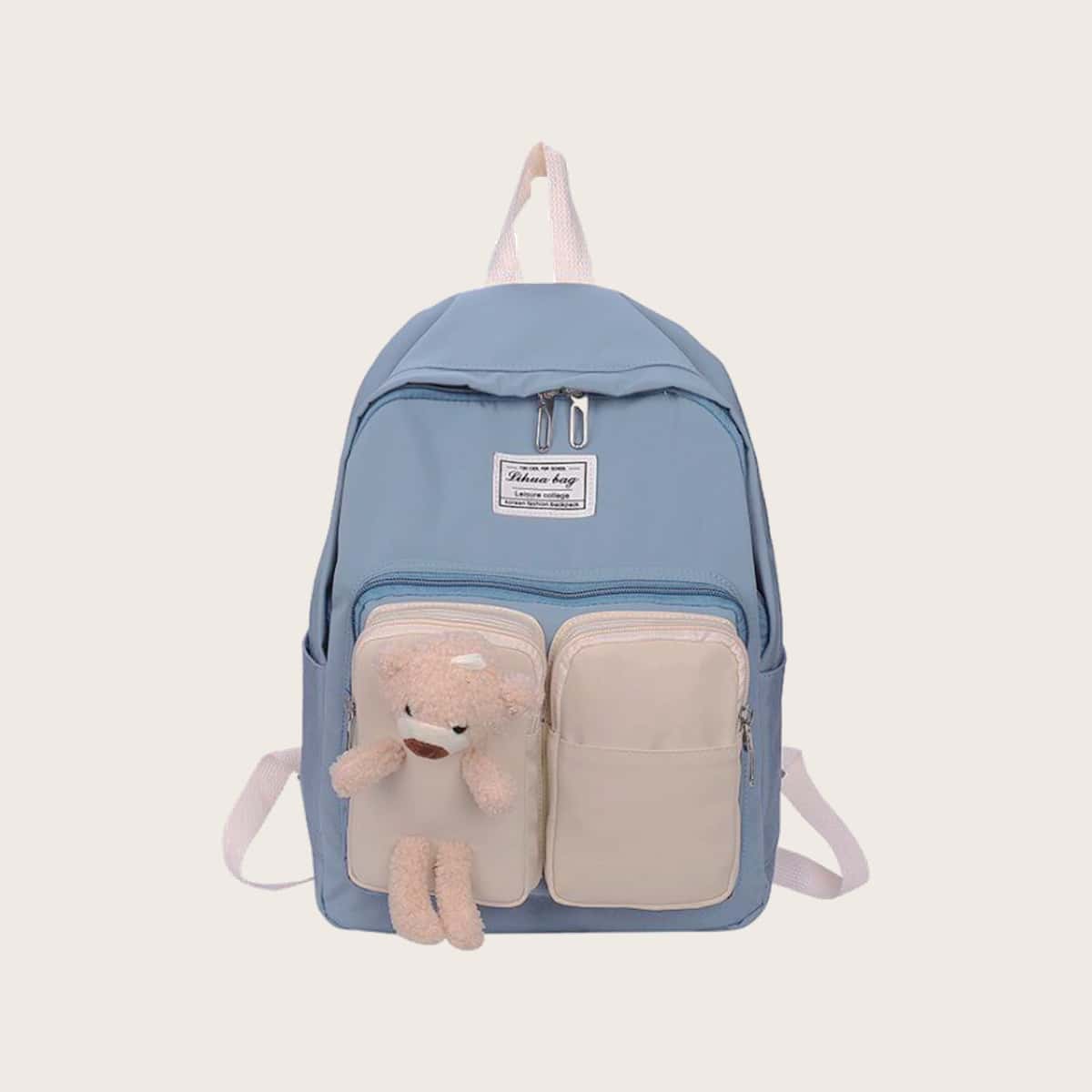 

Colorblock Bear Pocket Backpack, Blue and white
