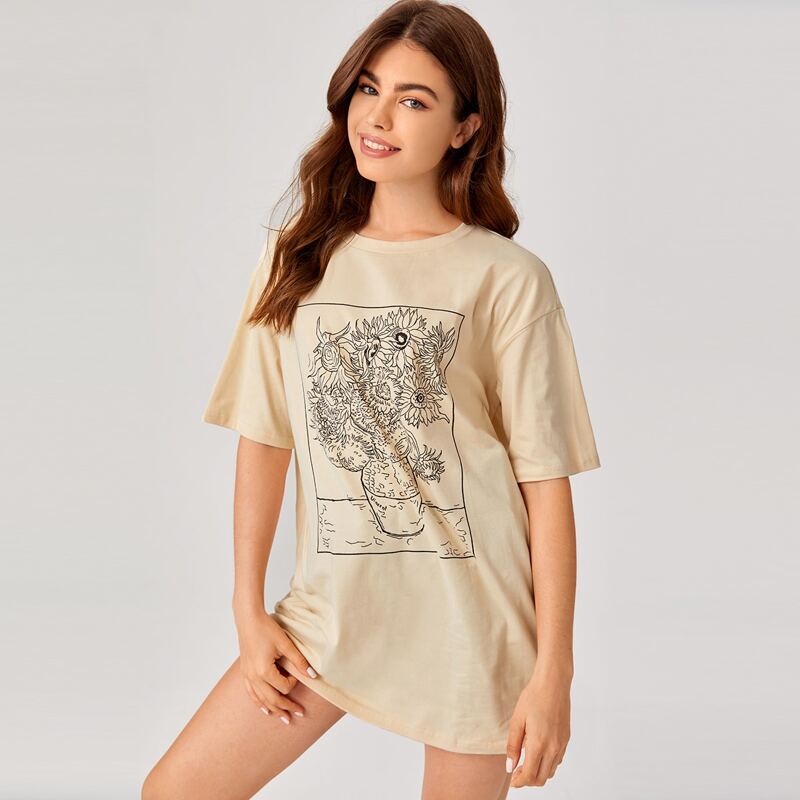 

Sunflower Pattern Oversized Tee, Beige