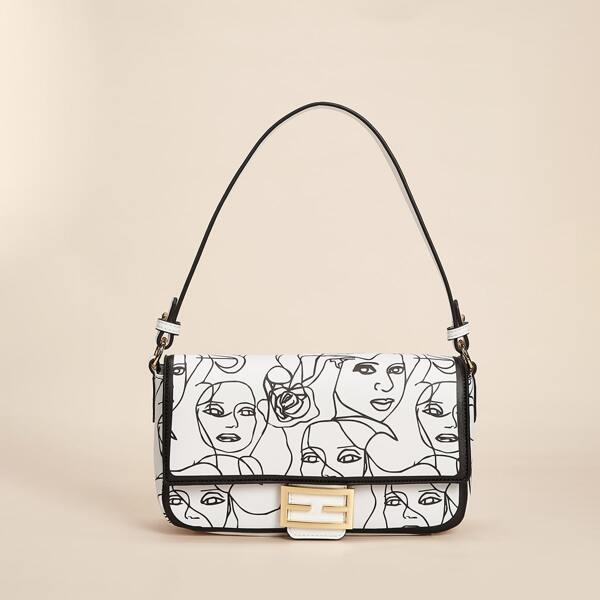 

Figure Graphic Flap Baguette Bag, Black and white