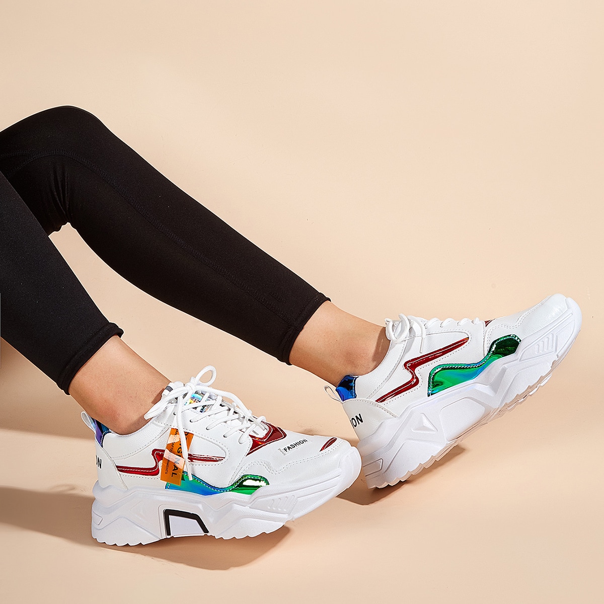 Image of Holographic Panel Lace Up Front Chunky Sneakers