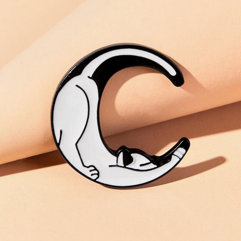 

Moon Shaped Cat Brooch, Black and white