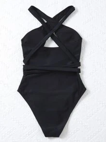 Cut-out Cross Halter One Piece Swimsuit - Black - View 2