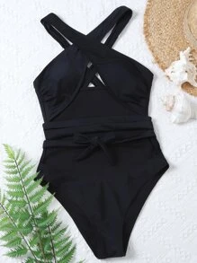 Cut-out Cross Halter One Piece Swimsuit - Black - View 4