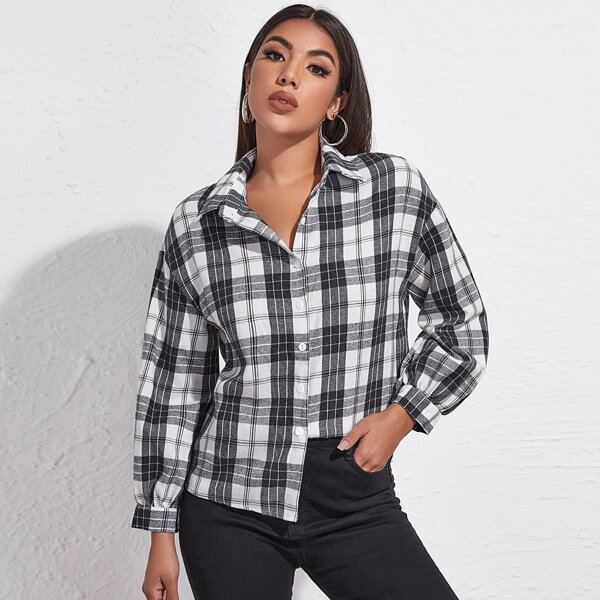 

Tartan Print Button Through Blouse, Black and white