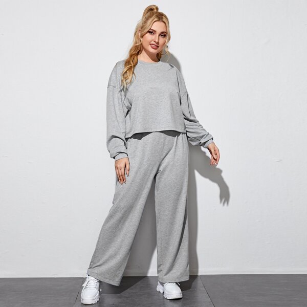 

Plus Solid Drop Shoulder Sweatshirt & Pants, Light grey