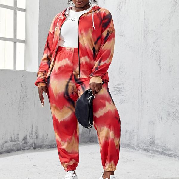 

Plus Tie Dye Drawstring Hoodie With Sweatpants, Multicolor